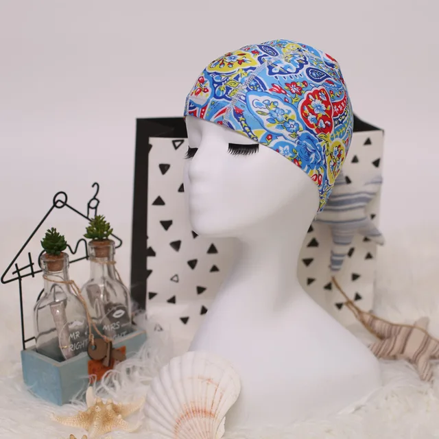 Flower Print Fabric Swimming Cap Swiming Pool Protect Long Hair Ears Hat Swim Bathing Hats Caps for Women Men Adults Ladies Hat 05