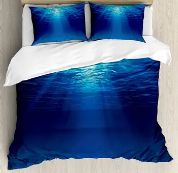 

Ocean Duvet Cover Set Underwater View with Sandy Seabed Aquatic Scenes Sunbeams Nature Picture Print Bedding Set