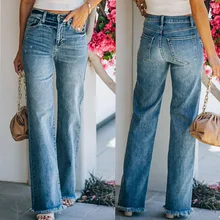 

2021 autumn new street wide-leg pants raw edges washed white broken waist thin denim trousers trendy Women's jeans