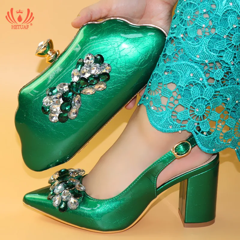 

New Arrival Green Color Italy Shoe and Bag Set Decorated with Rhinestone Nigerian Shoes and Bag Set for Wedding African Shoes