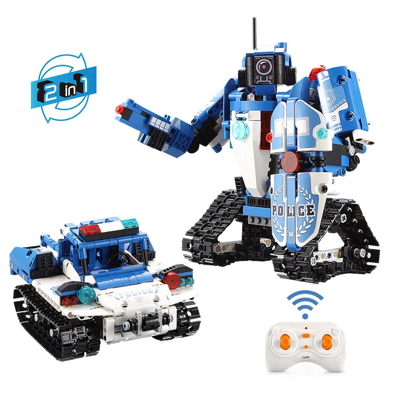 

RC Electric Car Police Robot 2 In 1 Building Block Sets Fit Legoing Motor Power Vehicle Model Bricks Children Toy Gift