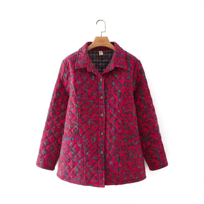 Women Clothing Parkas Plus Size Winter New Outerwear Old Age Floral Quilted Padded Coat