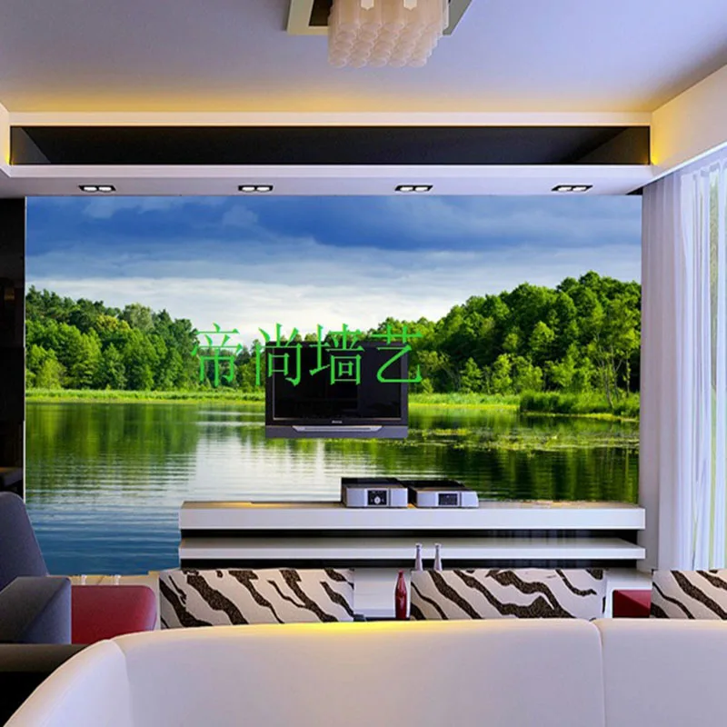 

3DCustomized mural large scenery with waterfall mountain boat behind TV sofa as background in living room bedroom