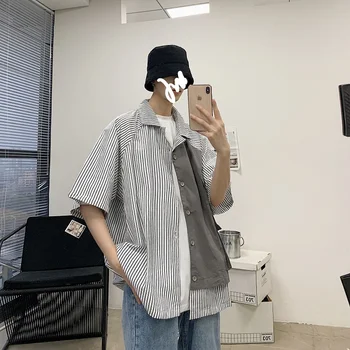 

2020 Summer New Youth Popular Couple Short-sleeved Shirt Fashion Casual Loose Stitching Jacket Coat Blue / Black S-XL