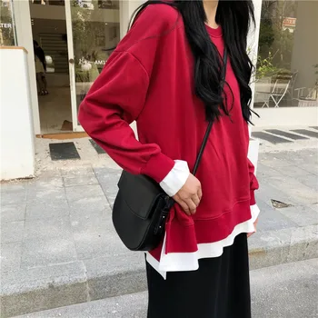 

2019 New sweatshirts women autumn and winter loose solid color split fork and velvet top