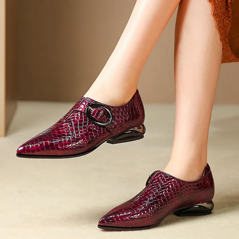 

2019 Spring And Autumn New Style Shoes WOMEN'S Shoes Patent Leather Buckle Snake Skin Pattern Pointed-Toe Low Heel Genuine Leath