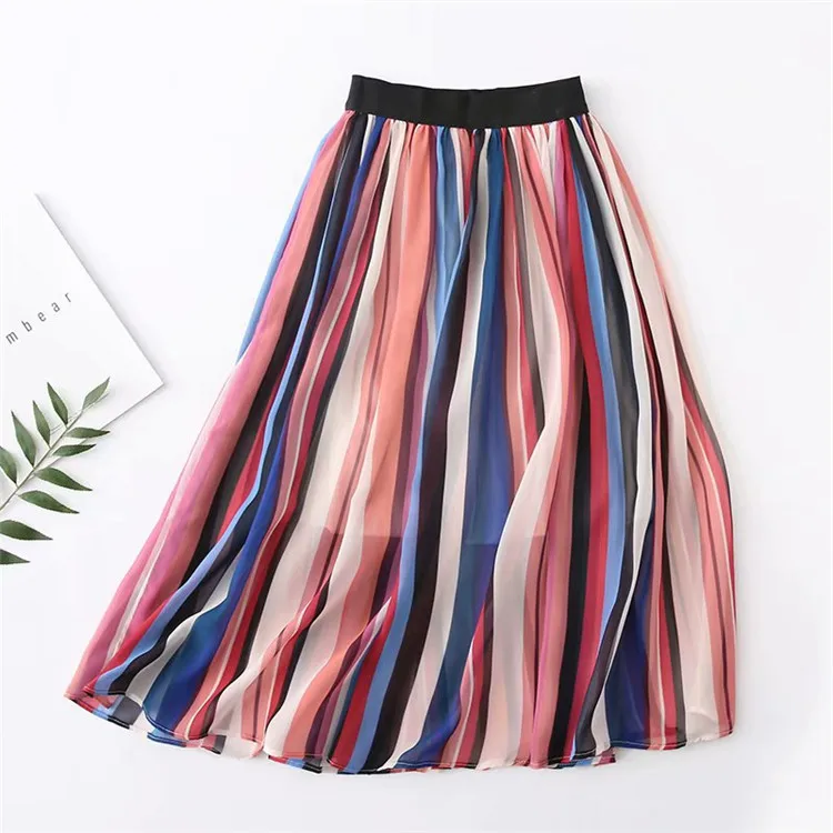 

0098-0423 Elastic High-waisted Versatile Stripes Loose-Fit Swinging Skirt