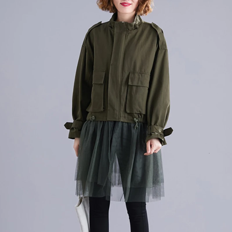 incredible  [EWQ] 2020 Spring Autumn Stand Collar Long Sleeve Solid Patchwork Pockets Mesh Large Size Vintage C