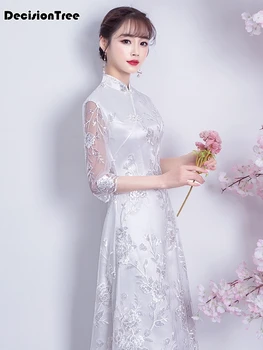 

2020 pure white chinese traditional dress women's silk satin cheongsam vintage qipao lace sleeve long chinese wedding dress