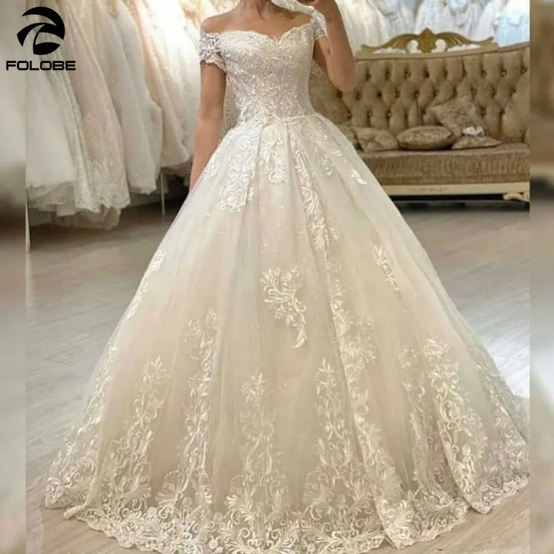 

2021 Princess Wedding Dresses Sweetheart Off the Shoulder Lace Appliques A-line Sweep Train Elegant Bridal Gowns Custome Made