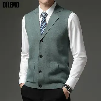 DILEMO 웨이스트코트 레벨 4 슈퍼 필링 방지 최고급 플레시 라펠 패션 브랜드 니트 가디건, 캐주얼 스웨터 조끼, 민소매