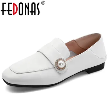 

FEDONAS Concise Fashion Women Cow Leather Casual Basic Shoes Spring Autumn Rhinestone Decoration Square Toe Pumps Shoes Women
