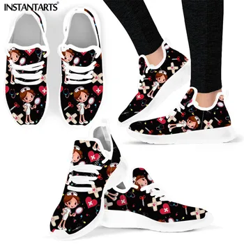 

INSTANTARTS Casual Women Nurse Flats Shoes Hospital Heart Nursing Cartoon Girl Print Lace-up Summer Sneaker Ladies Black Loafers