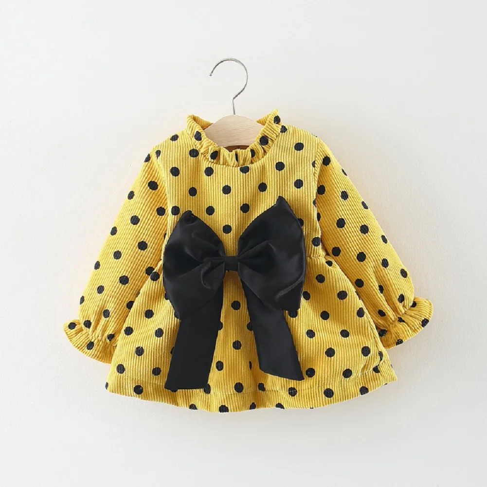 Emmababy, новое осенне-зимнее милое платье для маленьких девочек кружевное платье трапециевидной формы в горошек с длинными рукавами и оборками и большим бантом