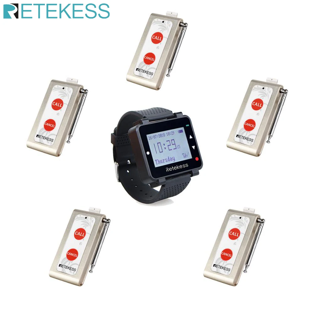 

Retekess Restaurant Pager Wireless Waiter Calling System T128 Watch Receiver+5pcs TD004 Two-Keys Call Transmitter Button for Bar