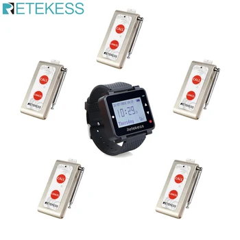 

Retekess Restaurant Pager Wireless Waiter Calling System T128 Watch Receiver+5pcs TD004 Two-Keys Call Transmitter Button for Bar