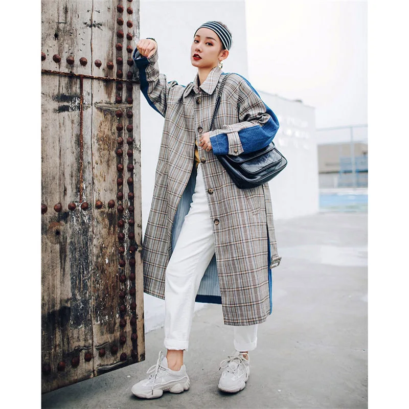 Новая женская куртка 2019 Осенняя мода ветровка клетчатая хит цвет длинная