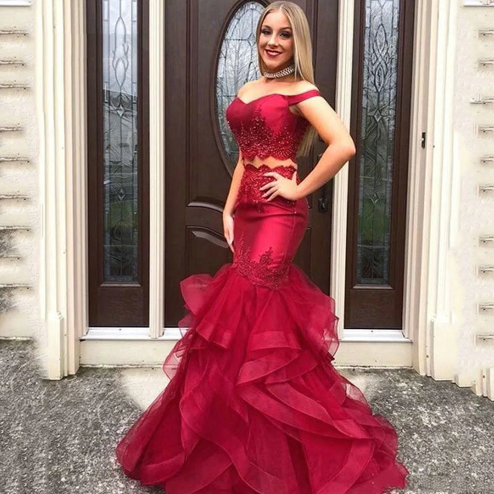 

Sexy Off the Shoulder Two Pieces Dark Red Long Prom Dresses 2019 Lace Applique Formal Evening Dress Tulle Skirt Women prom gown