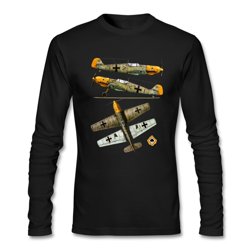 Homme Футболки для мужчин самолет BF 109E4 пилот с длинным рукавом Круглый вырез хлопок