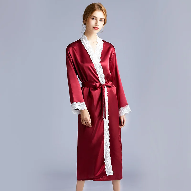 

Yao ting Version Silk Large Size Pajamas Women's Spring And Summer Morning Gowns Thin Long Sleeve Lace Robe Bathrobe 1012zt