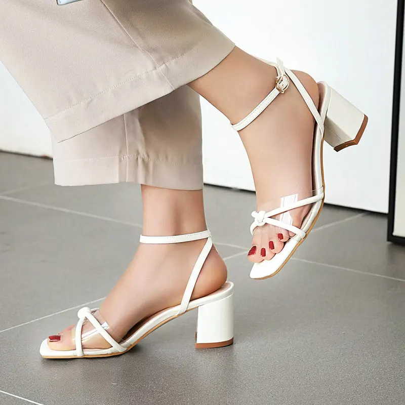 

White Silver Gold Women Summer Sandals Comfortable Thick High Heels Buckle Strap Party Dress Ladies Shoes