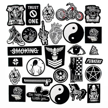 

Punk Black Clothes Patch Letters Label Iron on badges Embroidered Stickers Applique for Jacket Jeans Cloth Decoration