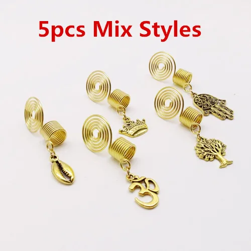 5pcs Mix Styles 5 шт./упак. Золотой спиральные украшения шармы, подвязанные лентой, с объемной волной, дредлоки, для увеличения объема, бусины манжеты кольца трубки для Аксессуары для волос - Цвет: 5pcs Mix Styles
