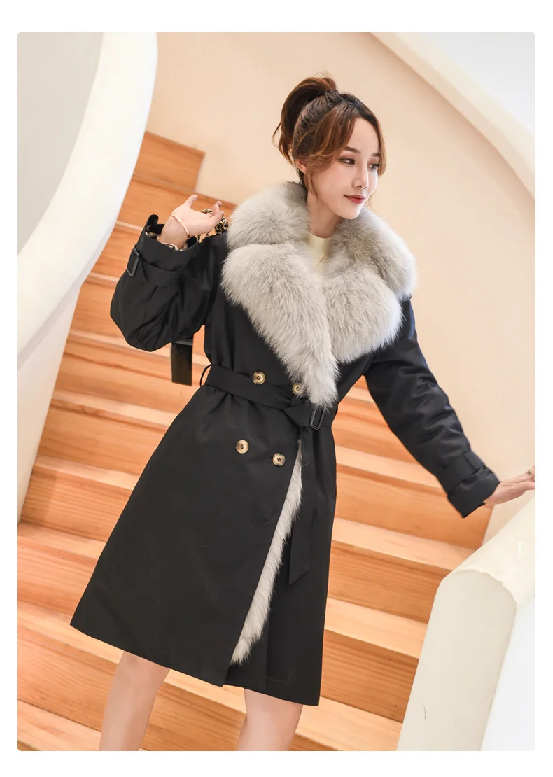 Парка с натуральным мехом, зимнее пальто для женщин, Новое поступление, объемный воротник, толстая теплая куртка, натуральный Лисий мех, подкладка с поясом, стильное пальто