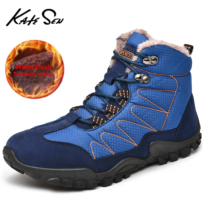 

KATESEN New Winter Men's Boots plush Warm Snow Boots High Quality Leather Men Sneakers Outdoor Waterproof Hiking Boots big size