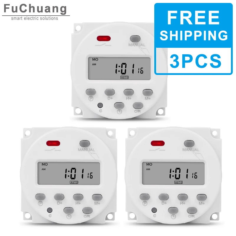 

Free Shipping 3PCS Digital Programmable Time Switch control Timer relay CN101A 12VDC 24VDC 110VAC 220VAC with wires and Cover