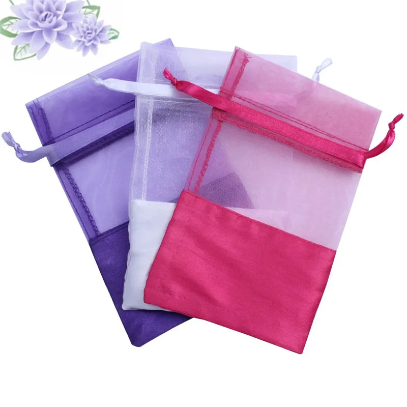 

9x12 10x15 13x17cm Drawstrings Jewelry Pouches Candy Holder Gifts Bags Splicing Satin Organza Bag Packaging Pouch