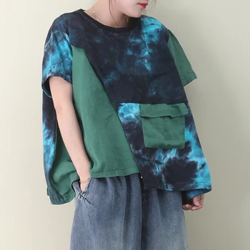 

[EWQ] 2020 Spring Summer New Pattern Round Collar Short Sleeve Hit Colors Print Patchwork Pockets Pullovers T-shirt Women 3AJ048