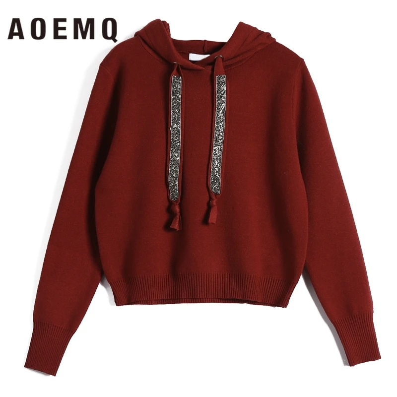 

AOEMQ Casual Sweaters 4 Solid Colors Autumn Sport Sweater with Hooded Rainproof Sequin Sparkling Sweater Tops Women Clothing