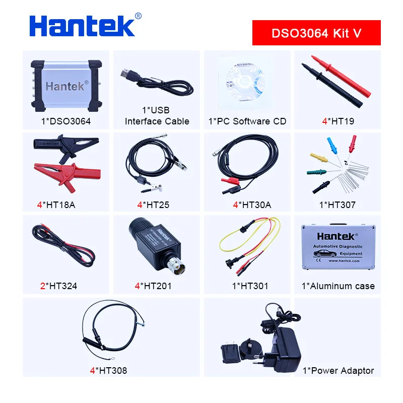 Hantek DSO3064 Kit V 4CH Automotive Oscilloscope kit for Car Diagnostic USB 2.0 200MS/s 60MHz Frenquency Counter LAN optional |