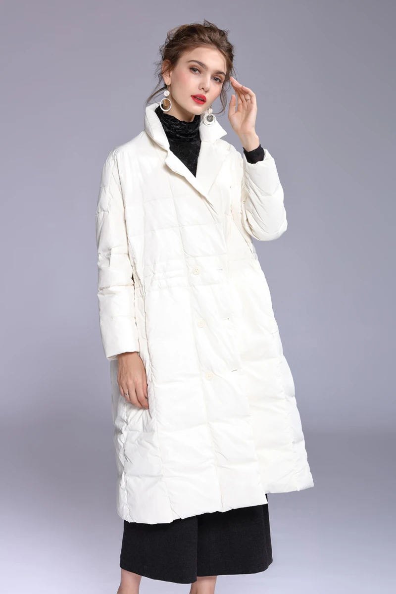 YNZZU зимняя куртка женская элегантная белая черная длинная стиль офисной леди пуховик двубортный модная верхняя одежда A1140
