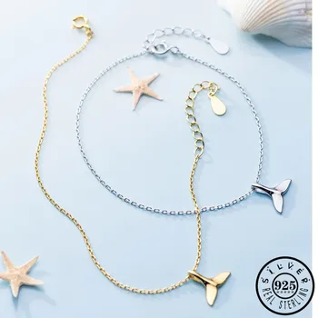 

100% 925 Sterling Silver Cute Mermaid Fishtail Bead Gold Color Plated Link Chain Hand Bracelets for Women Jewelry Gifts