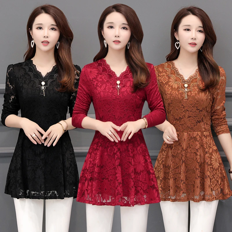  2019 New Arrival Fashion Spring Long Sleeve Women Lace Blouse SHIRT Female Hollow Plus Size 5XL V-n