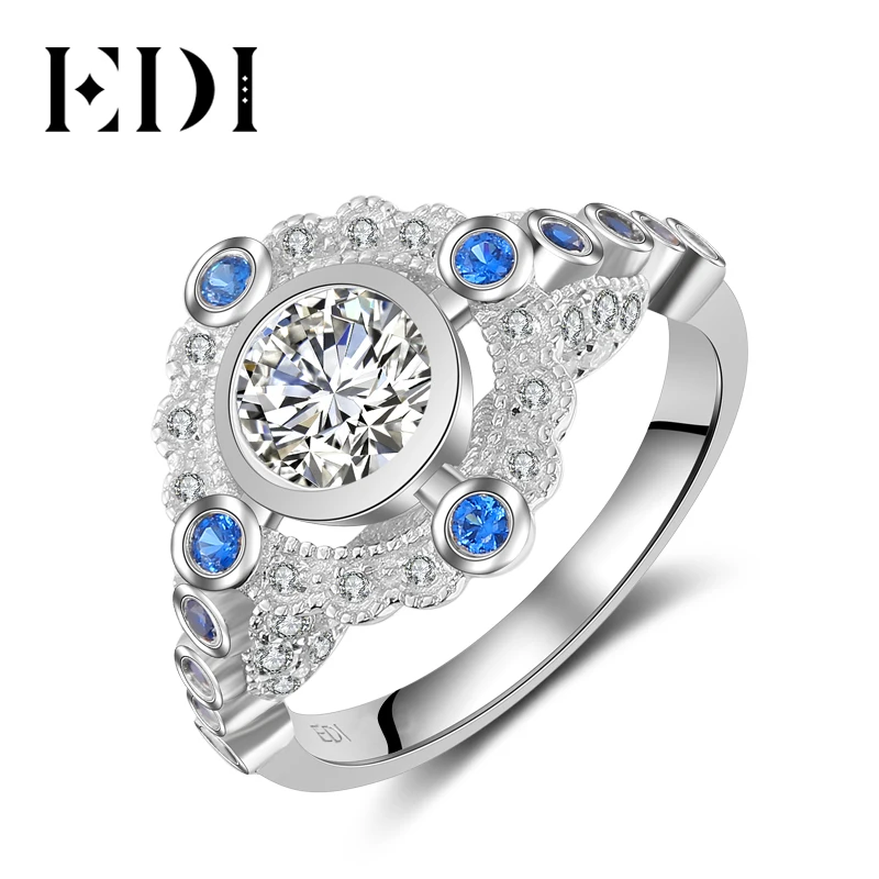 EDI подлинное Halo Кольцо с алмазом Moissanite натуральный сапфир 14k 585 Белое золото