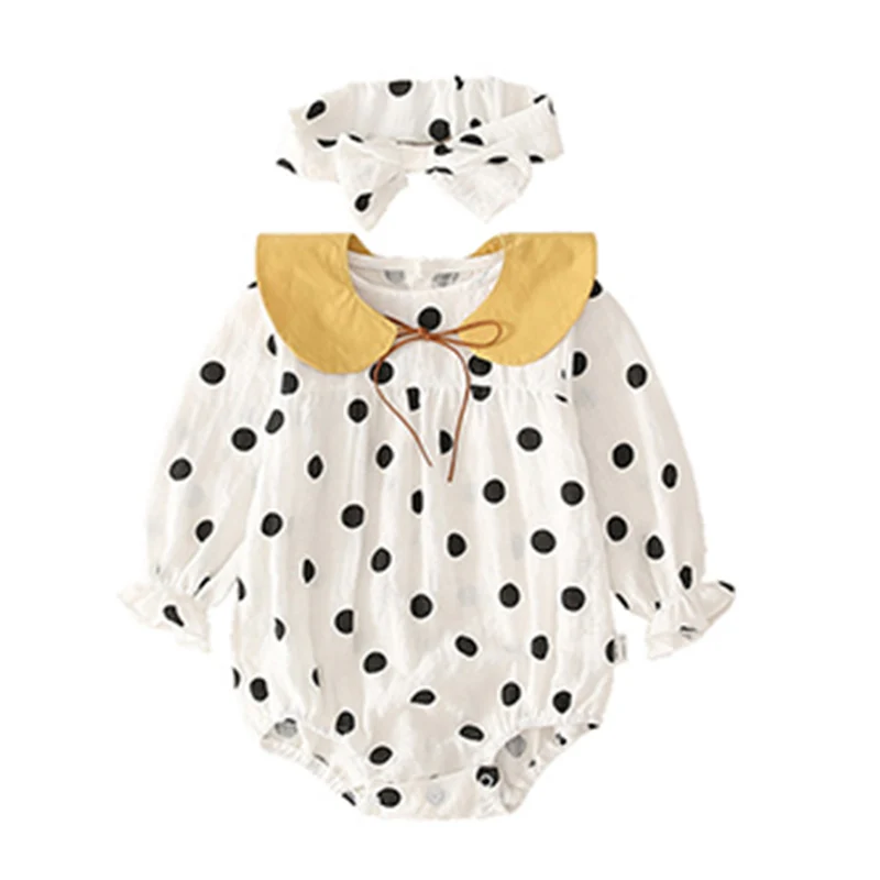 

Spring Autumn Casual Baby Girl Bodysuits Polka Dot Printing Long Sleeve Bodysuits And Headband Kids Two-piece Outfit Set