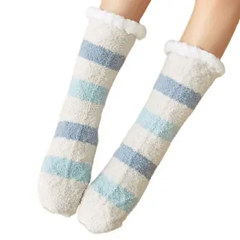 

Womens Winter Warm Candy Color Striped Coral Velvet Non Slip Fuzzy Slipper Sock