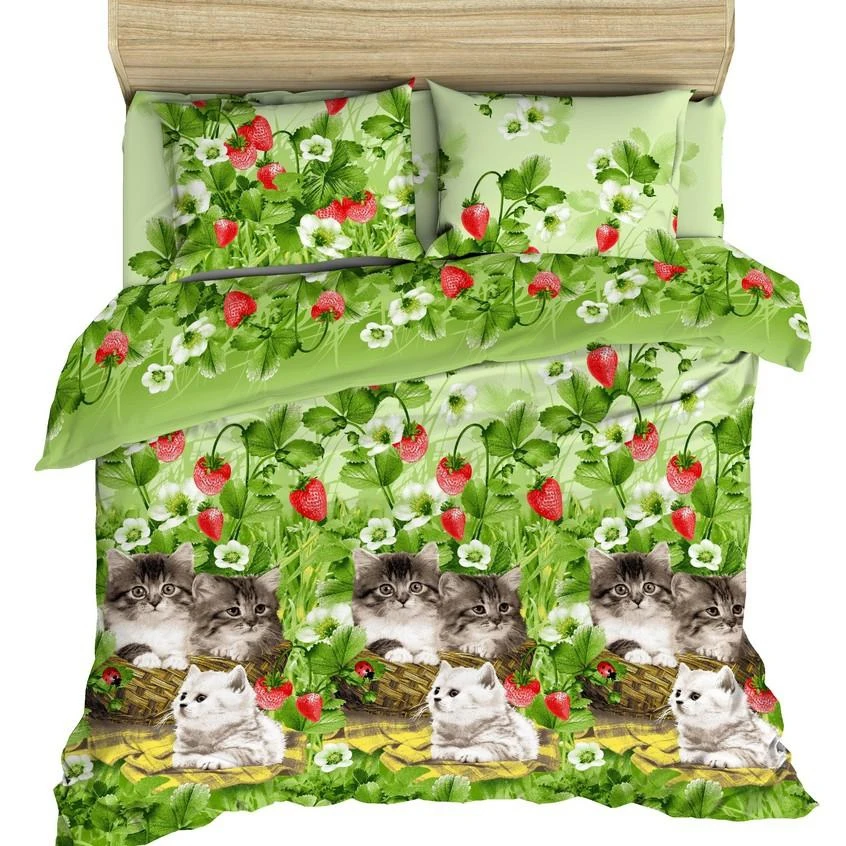 Bed linen set from coarse calico, 100% cotton, fig. 4313 Kittens in strawberries ► Photo 2/4