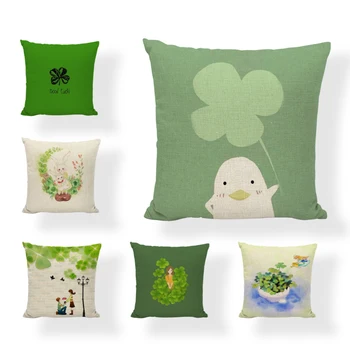 

New Product Lucky Clover Cushion Cover Linen Lucky Beautiful Clover Wind Green Grid Pillow Case Home Sofa Personality Warm Decor