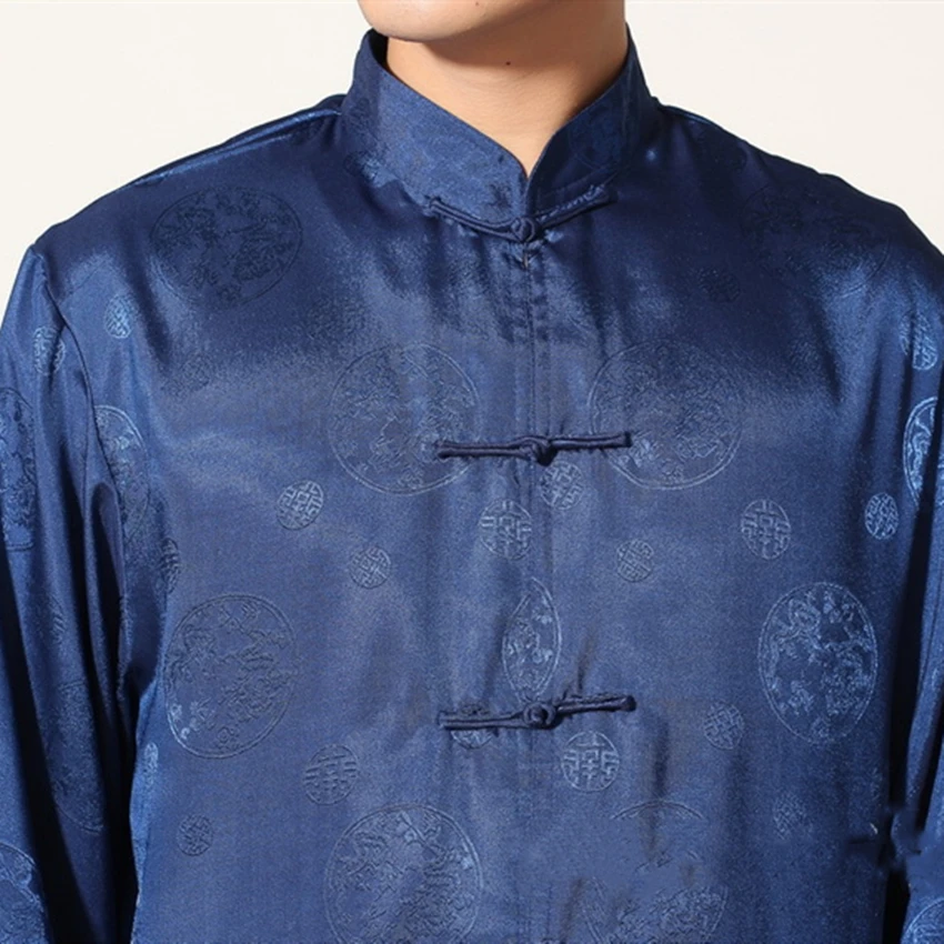 Традиционная китайская одежда для мужчин китайский топ мужской костюм Тан кунг-фу Тай Чи одежда китайская рубашка атласный комплект большого размера Ретро