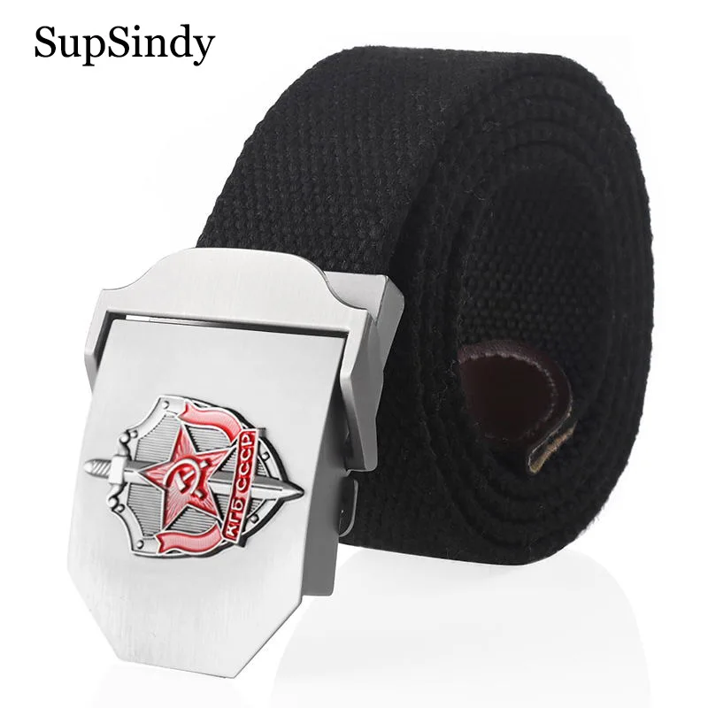 SupSindy 남자 캔버스 벨트 3D 소련 영광 KGB 금속 버클 청바지 벨트 남성용 CCCP 육군 군사 전술 벨트 남성 스트랩 블랙