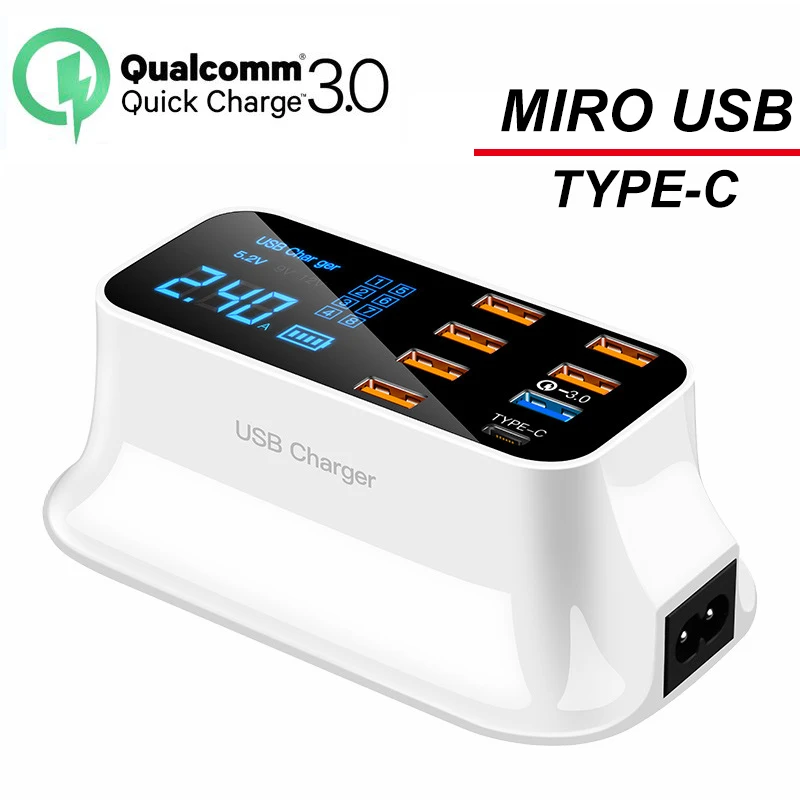 

NEW 8 Port QC3.0 Fast Charger for Iphone Samsung Huawei Xiaomi Oppo Type-c Output Charger with LED Voltage and Current Display
