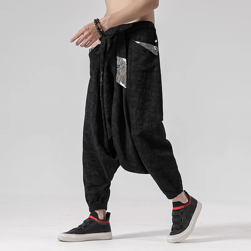 Men Hip Hop Baggy Cotton Harem Pants Linen Wide Leg Trousers Chinese Style Vintage Cross Pants Crotch Robe men pants