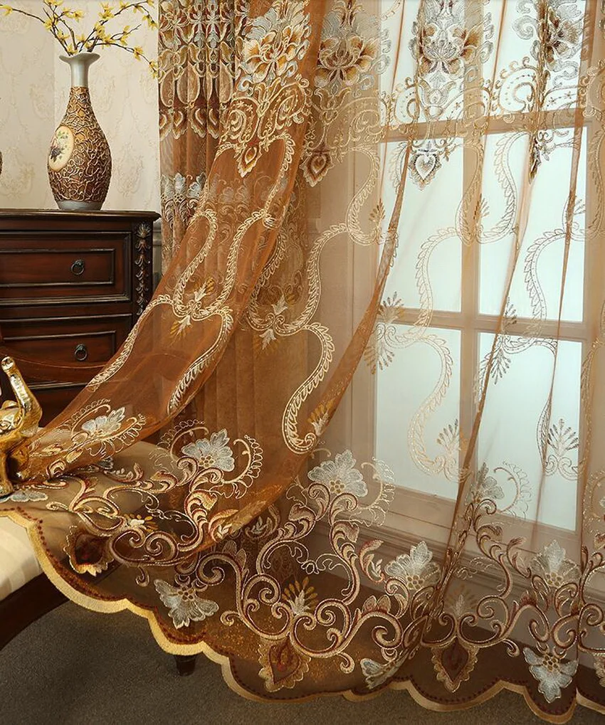 Бежевый полый вышитый оконный занавес s для гостиной Высококачественная шенилловая полузатеняющая штора Европейский королевский домашний декор 112#4