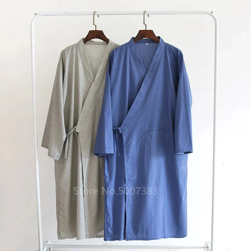 

Man Woman Traditional Japanese Kimono Home Yukata Pajama Sleepwear 100% Cotton Solid Spa Bathrobe Nightgown Leisure Wear