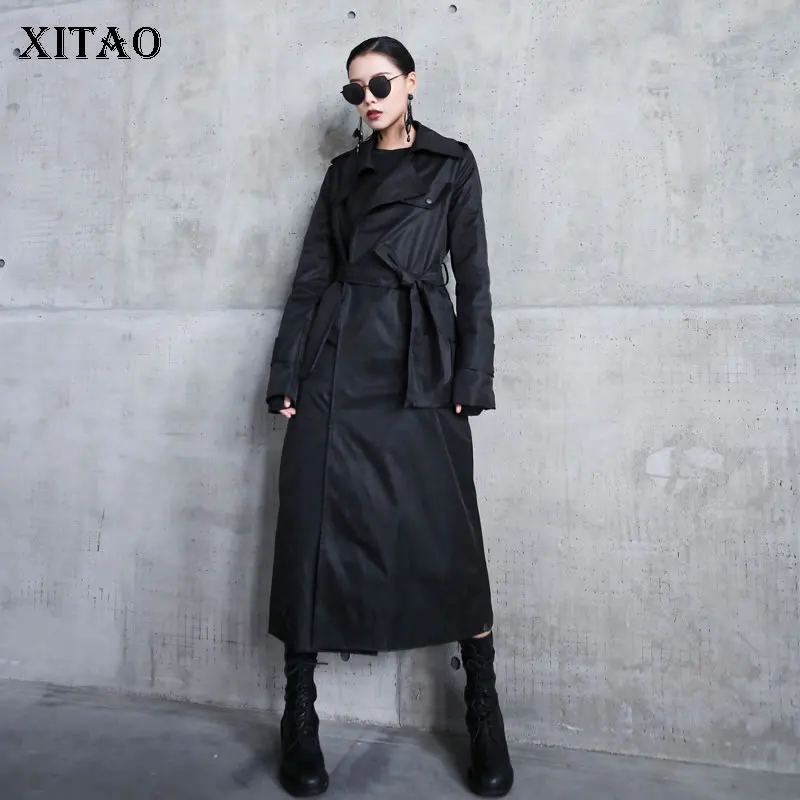 XITAO Black Bandage Trench Women Fashion New 2019 Autumn Single Breast X Long Turn Down Collar Small Fresh Casual Coat WLD2906 | Женская