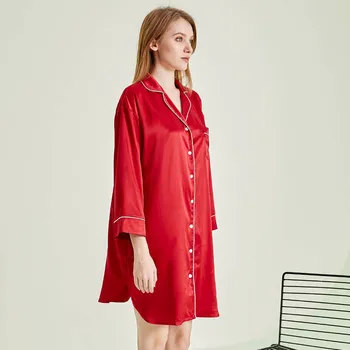 

Nightdress Female Summer Red Color Long Sleeve Cardigan Shirt Night Dress Satin Night Gown Women Sext Sleepwear for Home Wear